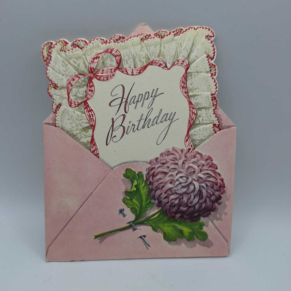Vintage Happy Birthday Card Pink Envelope Chrysanthemum Floral Lace Design‎